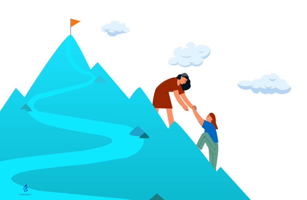 Imagen muestra persona ayudando a otra a subir montaña para lograr la meta. Destaca lo útil que es un mentor cuando no sabemos cómo emprender