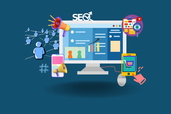 Iconos de estrategias de marketing digital. SEO, marketing de contenidos, publicidad en línea, redes sociales, email marketing y más.